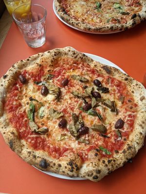 Artichoke & olive vegan pizza at Rudy's Neapolitan Pizza in Sheffield