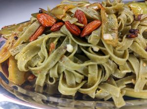 Classic garlic aoli pasta roasted almonds to dress at Green Life Market in Sarande