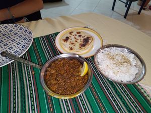 Daal, roti and spiced rice at Green Life Market in Sarande