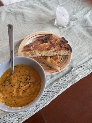 Carrot soup and focaccia   at Green Life Market in Sarande
