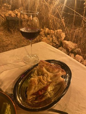Focaccia sandwich and the best red wine in Albania   at Green Life Market in Sarande