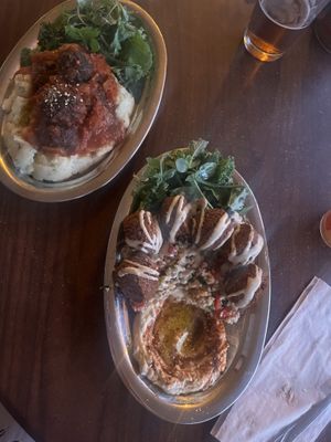 Soy balls and Greek smashed potatoes (left) and falafel bowl (right)   at Green Life Market in Sarande