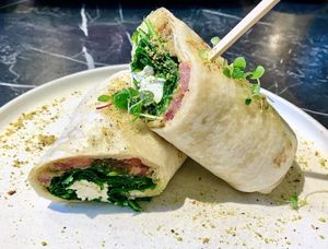 The cheesy vegan wrap at Pawdy Neighbors  in Dubai