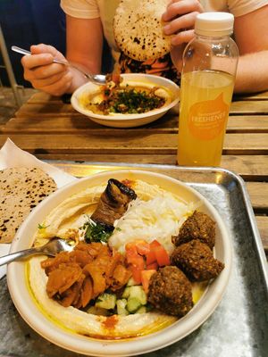 Salad Hummus Bowl, Minced Meat in the back at Hummus Bar - Váci in Budapest