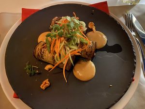 Impossible meat wrapped in Eggplant at Wynn Hotel - Lakeside in Las Vegas