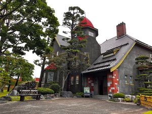 front of shop at Taishō Roman Tea Room in Hirosaki