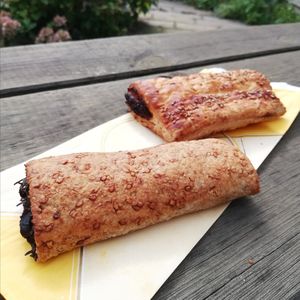 Two of their vegan pastries - arame (left) satey (right) at Stichting Stadsboerderij De Wiershoeck in Groningen