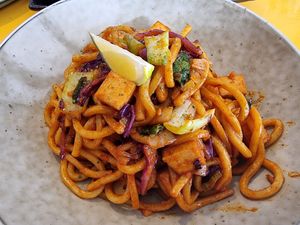Spicy stir-fried tofu noodles at Calaveras Street in Cairns