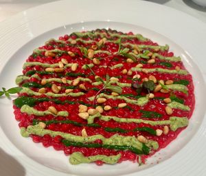 Fregola pasta with beet sauce at L'Evangelista Ristorante & Enoteca in Verona