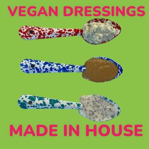 Vegan salad dressings made in house at Last Chance Sandwich in Cheticamp