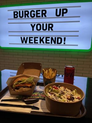 Smokey Bacon burger meal with Protein Salad  at Vegan Burger - Dubai Mall in Dubai