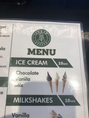 Ice cream menu  at Vegan Burger - Dubai Mall in Dubai