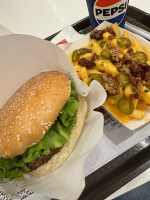 BBQ burger and cheese fries  at Vegan Burger - Dubai Mall in Dubai