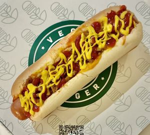 Bacon and cheese hotdog  at Vegan Burger - Dubai Mall in Dubai