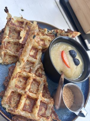 Reibekuchenwaffel mit Apfelmus  at Pittis CaféBar Föhr in Wyk Auf Foehr