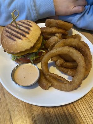 Burger with onion rings   at Pure Kitchen - Rideau St in Ottawa
