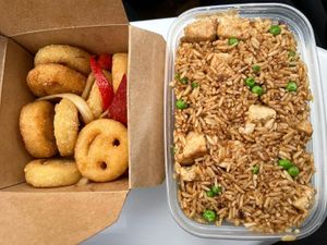 Vegan Chicken Fried Rice with Salt and Pepper Smiley Faces at Rebecca's Chinese in Kirkcaldy