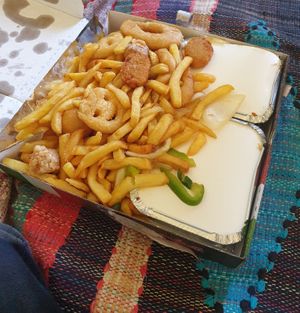 vegan munchie box with salt and pepper chips, smiley faces, batterred chicken balls, 'pork' balls, no-egg fried rice and chow mein. at Rebecca's Chinese in Kirkcaldy