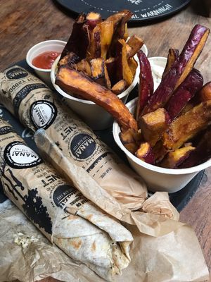 Yams , garlic-and chipotle dip, wrap w/ tempeh, tofu, tahini. at MANA! - Soho in Hong Kong Island