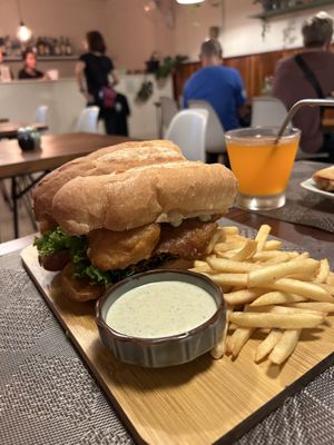 Vegan burger with fried mushroom  at Street Three Restaurant & Bar Kratie in Krong Kracheh