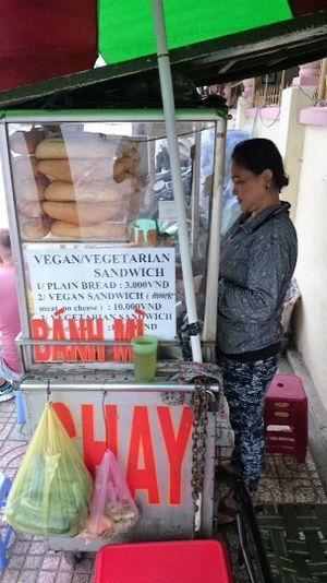 Preparing the Vegetarian Baguette at Chay Banh Mi - Food Cart in Nha Trang
