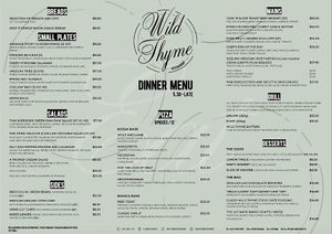Dinner menu at Wild Thyme in Cairns