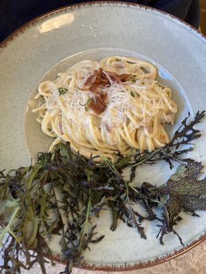  Cashew-Carbonara mit veganem Speck  at Bistro Verde in Copenhagen