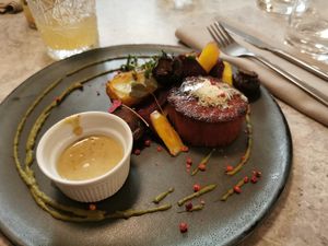 Juicy marble steak at Bistro Verde in Copenhagen