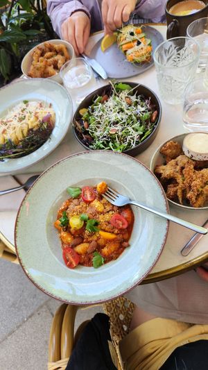 Gnocchi, fried mushrooms, carbonara, strawberry salad, salmon smorrebrod at Bistro Verde in Copenhagen