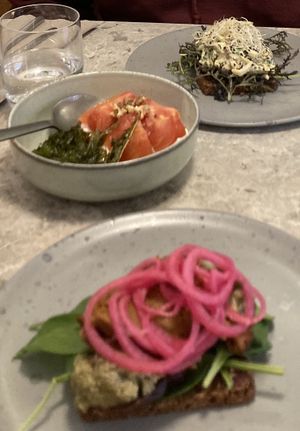 Smørrebrød and tomato salad  at Bistro Verde in Copenhagen
