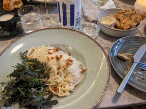 Carbonara and oyster mushrooms at Bistro Verde in Copenhagen