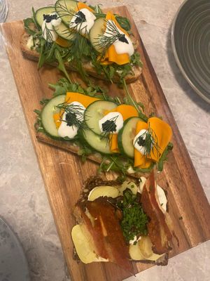 Two vegan salmon smørrebrød (10/10), and one vegan bacon smørrebrød (10/10 also)!  at Bistro Verde in Copenhagen