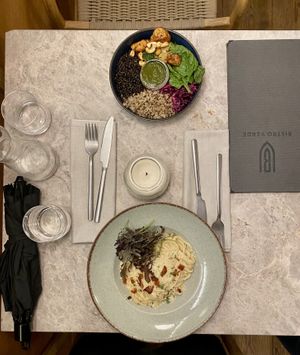 Carbonara pasta and protein bowl   at Bistro Verde in Copenhagen