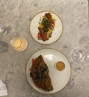 Tofu scrambled and chickpeas omelette brunch   at Bistro Verde in Copenhagen