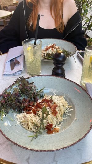Spaghetti Carbonara and Homemade Lemonade   at Bistro Verde in Copenhagen