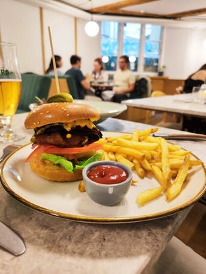 Burger and fries at Bistro Verde in Copenhagen