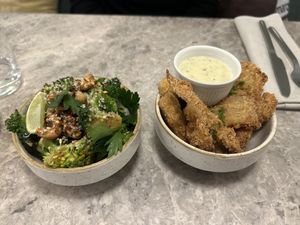 Broccoli and fried mushroom starters  at Bistro Verde in Copenhagen