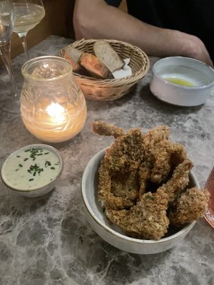 Oyster mushrooms with garlic aioli (and sourdough with olive oil)  at Bistro Verde in Copenhagen