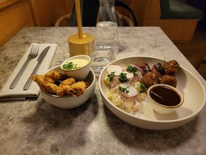 Frikadeller and fried mushrooms at Bistro Verde in Copenhagen