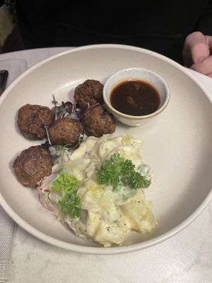 Meatballs with potato salad  at Bistro Verde in Copenhagen