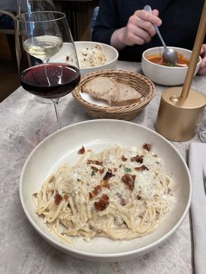 Vegan Spaghetti Carbonara   at Bistro Verde in Copenhagen