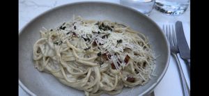 vegan spaghetti carbonara   at Bistro Verde in Copenhagen