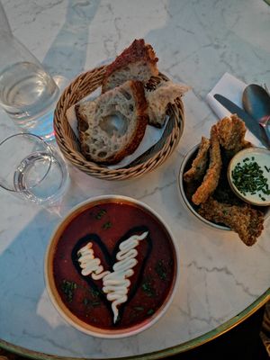 Tomato soup and fried oyster mushrooms at Bistro Verde in Copenhagen