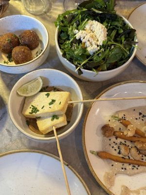 Tofu satay skewers, peach salad, Aranchini and carrots on beanpaste  at Bistro Verde in Copenhagen