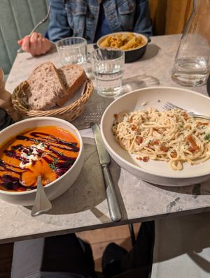 Tomato soup, spaghetti carbonara, lentil ragu at Bistro Verde in Copenhagen