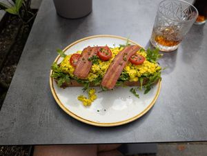 Avocado toast with egg and bacon at Bistro Verde in Copenhagen