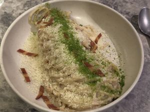 Spaghetti carbonara with bacon—and it tasted just like the real thing !  at Bistro Verde in Copenhagen