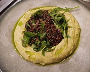 Hummus with lentil salad at Bistro Verde in Copenhagen