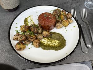 Steak with roasted potatoes   at Bistro Verde in Copenhagen