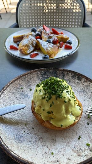 Tofu Benedict and White Miso French Toast 💚  at Bistro Verde in Copenhagen